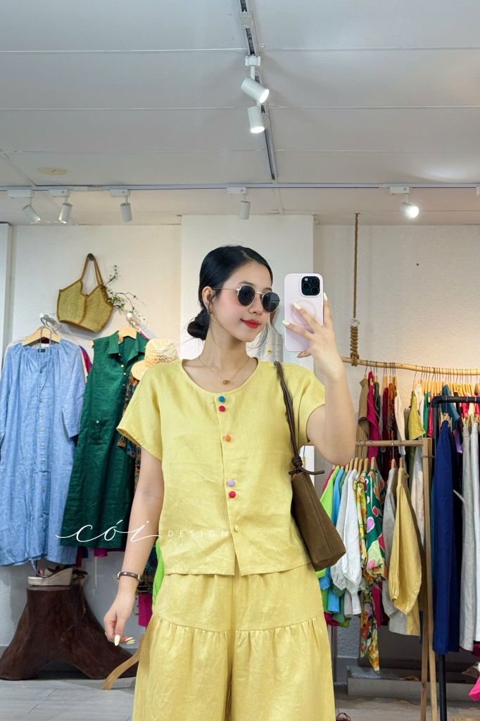 Áo cổ tròn nút đôi nhiều màu linen tưng premium Cói Design
