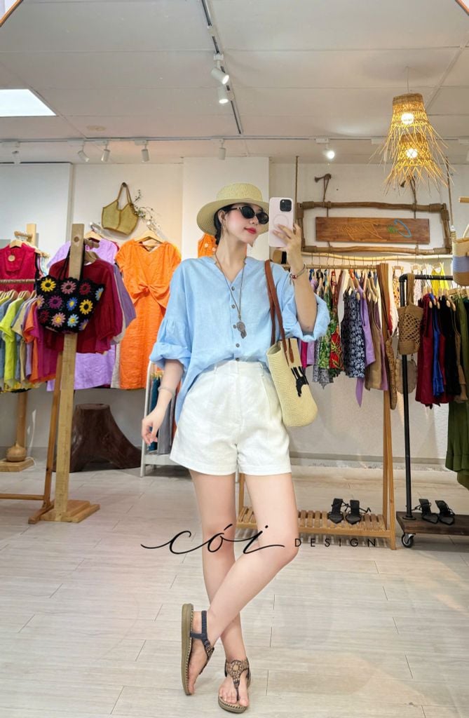 Áo cổ trụ tay nhún form oversize linen tưng premium Cói Design