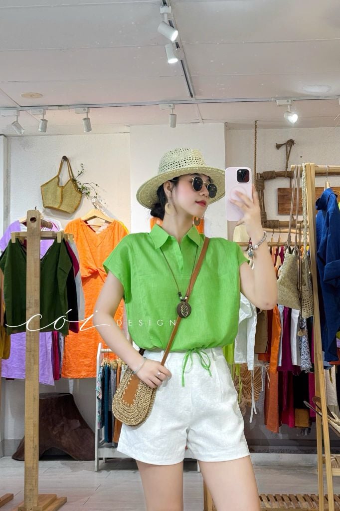 Áo cổ sơ mi phối dây linen tưng premium Cói Design
