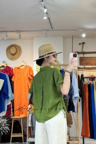 Áo sơ mi rút dây sườn phối hoa handmade linen tưng Cói Design