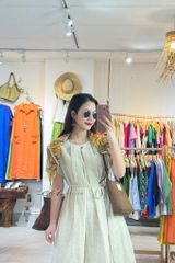 Đầm cổ tròn xếp ly kèm belt linen tưng premium Cói Design