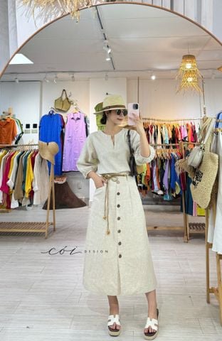 Chân váy cách điệu 2 túi nút dừa linen tưng premium Cói Design