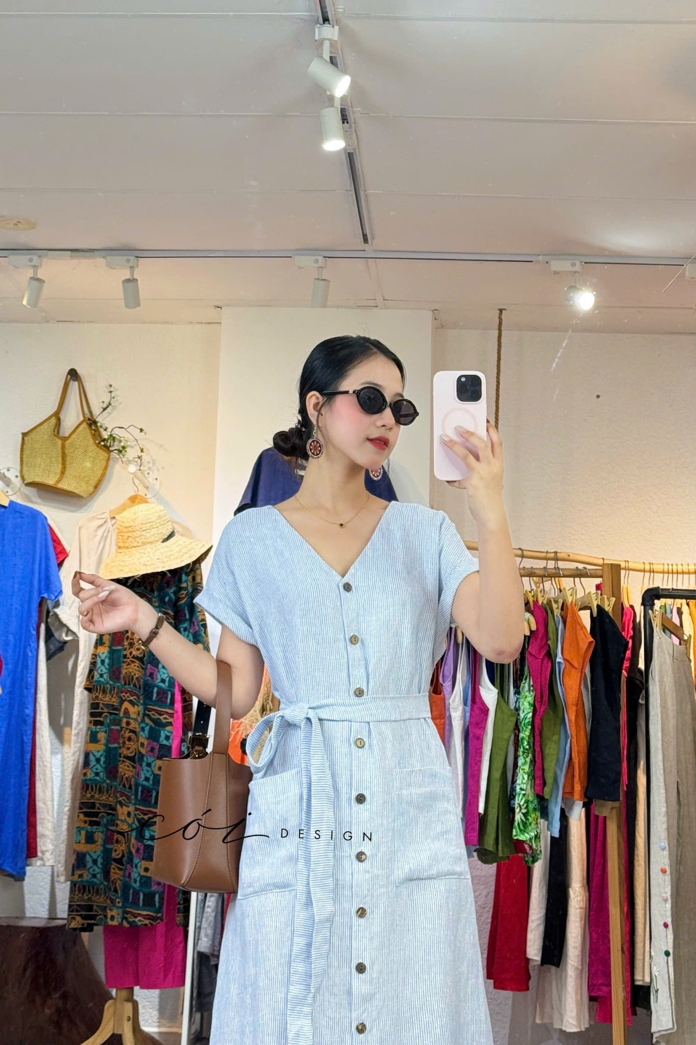 Đầm suông sọc kèm belt linen tưng Cói Design