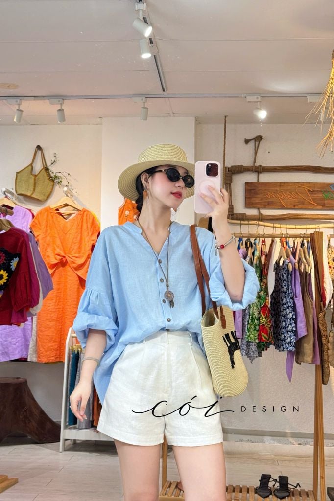 Áo cổ trụ tay nhún form oversize linen tưng premium Cói Design