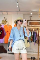 Áo cổ trụ tay nhún form oversize linen tưng premium Cói Design