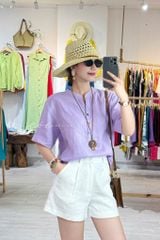 Áo cổ trụ tay ngắn nút bọc màu linen Tưng Cói Design