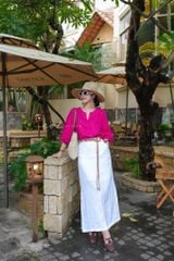 Áo cổ xẻ tròn tay phồng linen tưng premium Cói Design