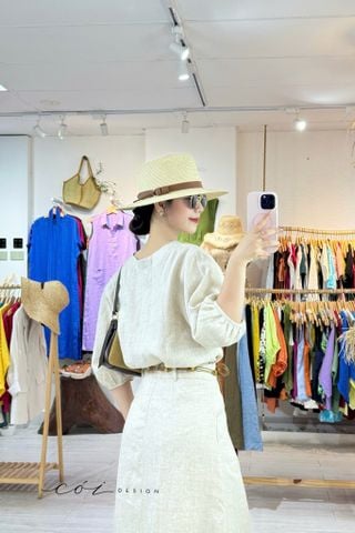 Chân váy cách điệu 2 túi nút dừa linen tưng premium Cói Design