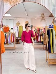 Áo cổ xẻ tròn tay phồng linen tưng premium Cói Design