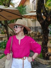 Áo cổ xẻ tròn tay phồng linen tưng premium Cói Design