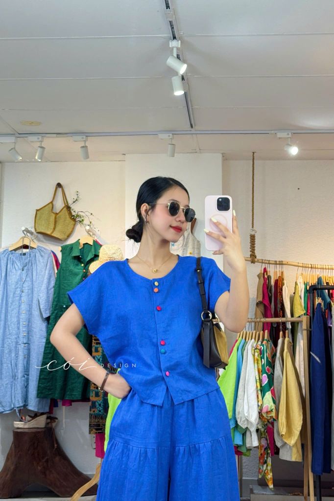 Áo cổ tròn nút đôi nhiều màu linen tưng premium Cói Design