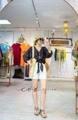 Áo cổ tim thắt nơ tay phồng linen Cói Design