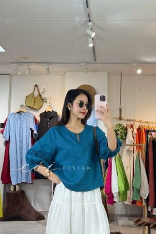 Áo cổ tròn tay nhún lồng đèn linen tưng premium Cói Design