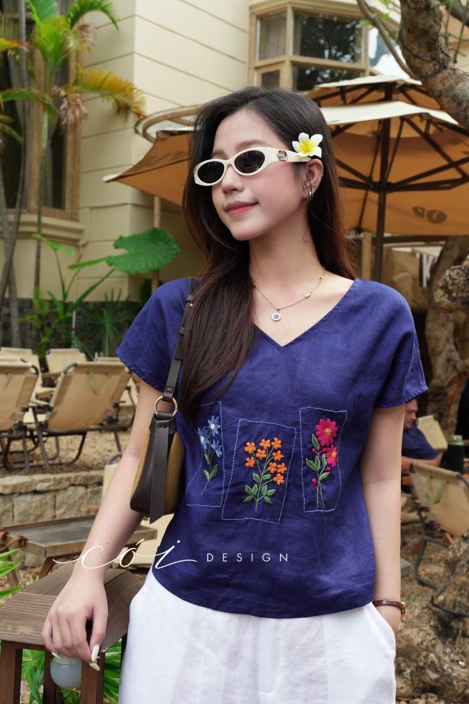 Áo thêu 3 ô linen tưng premium Cói Design