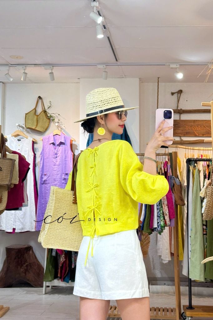 Áo tay phồng phối nơ lưng linen tưng premium Cói Design