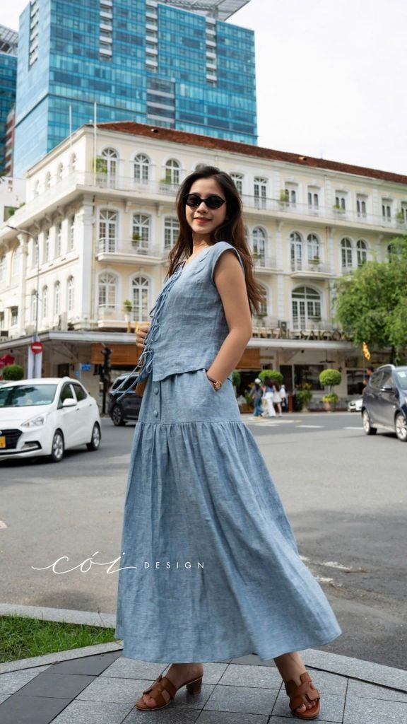 Áo cổ tròn phối nơ linen tưng premium Cói Design