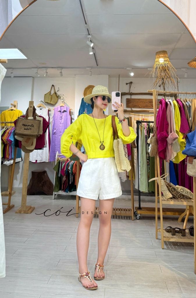 Áo tay phồng phối nơ lưng linen tưng premium Cói Design