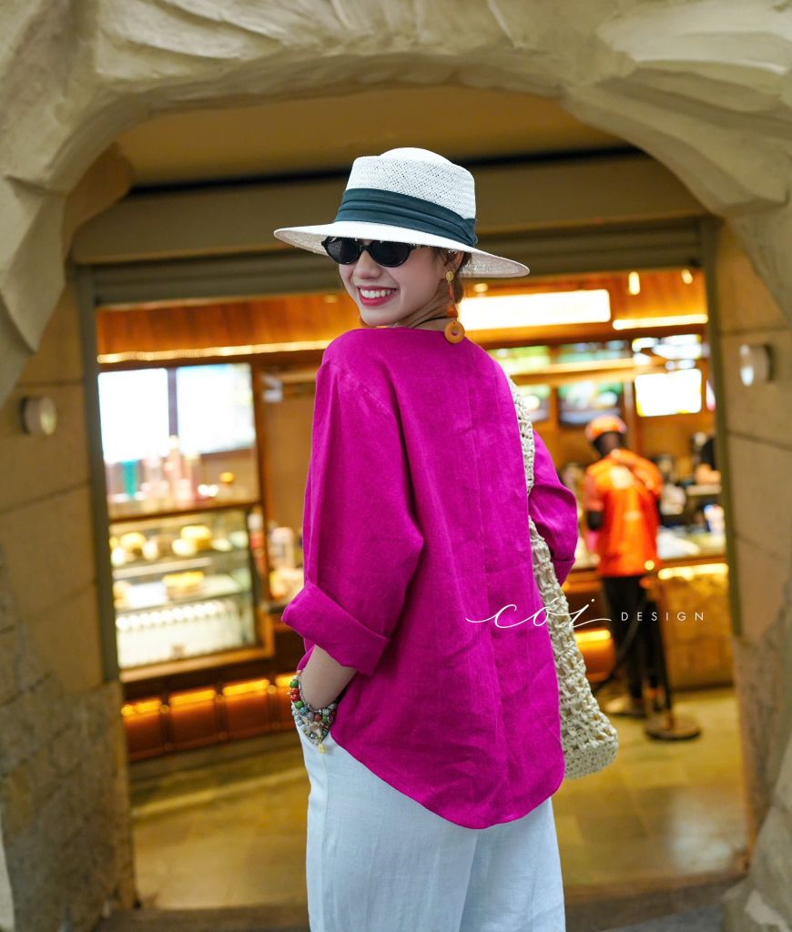 Áo cổ V tay dài nút bọc linen tưng premium Cói Design