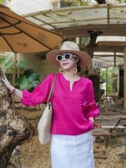 Áo cổ xẻ tròn tay phồng linen tưng premium Cói Design