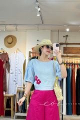 Áo thêu viền cổ phối hoa tua rua handmade linen tưng premium Cói Design