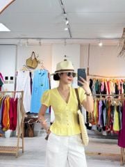 Áo cổ tim tay phồng nhún bèo linen tưng premium Cói Design