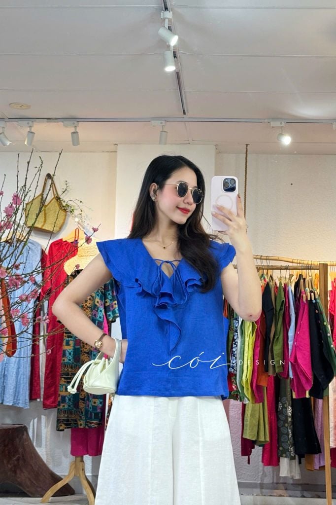 Áo cổ phối bèo linen tưng premium Cói Design