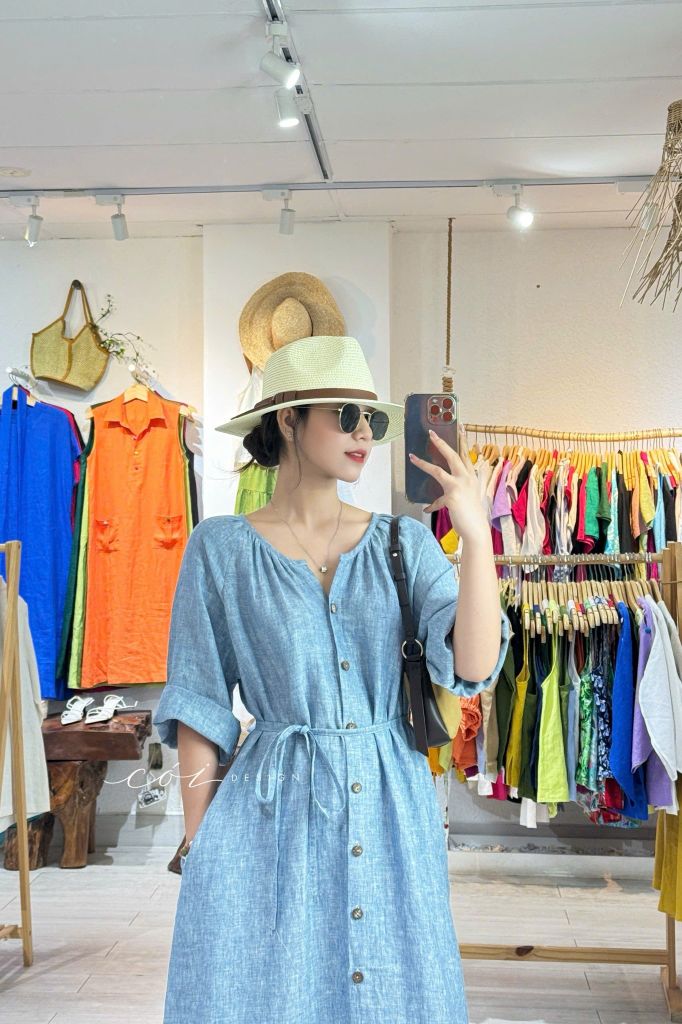 Đầm suông cổ tròn xếp nhún kèm belt linen tưng premium Cói Design