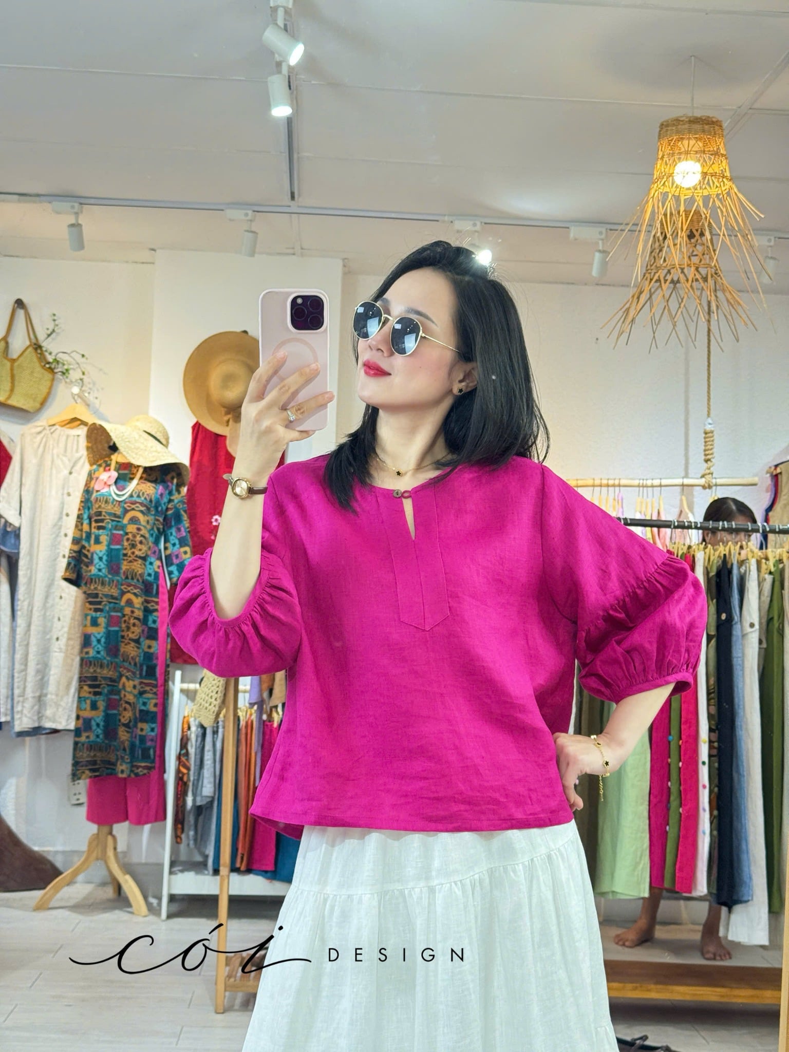 Áo cổ tròn tay nhún lồng đèn linen tưng premium Cói Design