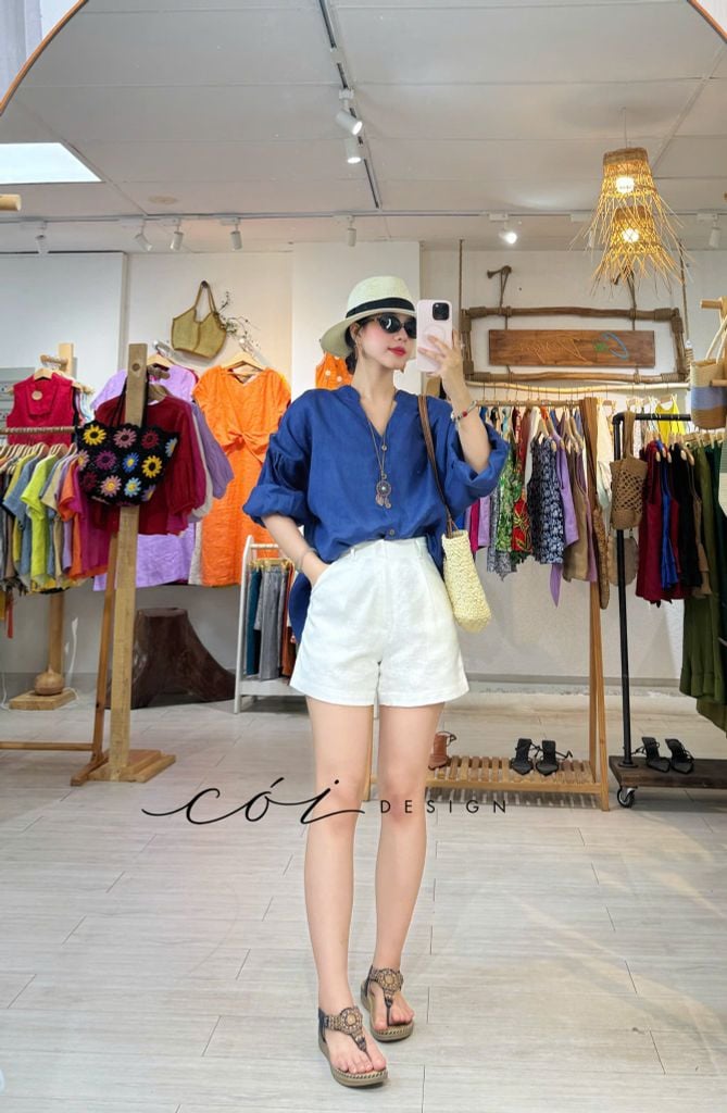 Áo cổ trụ tay nhún form oversize linen tưng premium Cói Design