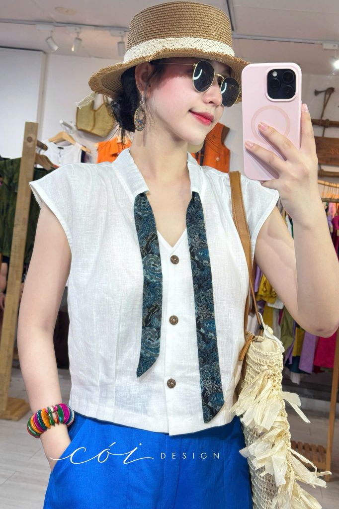 Áo sơ mi phối dây họa tiết linen tưng Cói Design