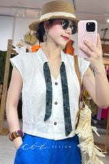 Áo sơ mi phối dây họa tiết linen tưng Cói Design