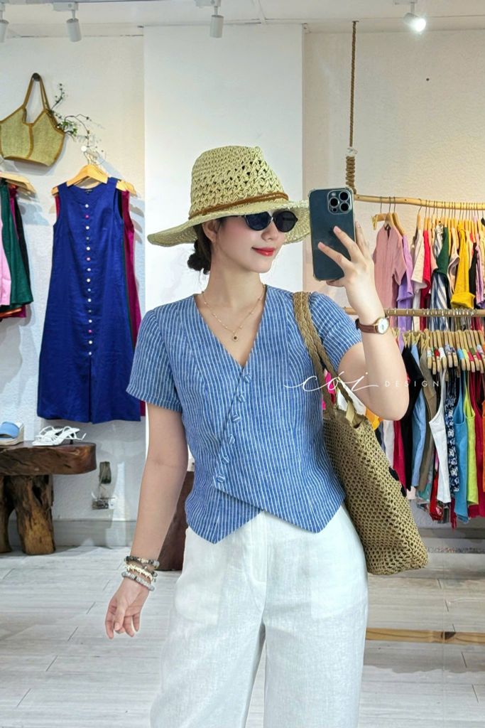 Áo gile xéo nút tay ngắn linen tưng premium Cói Design