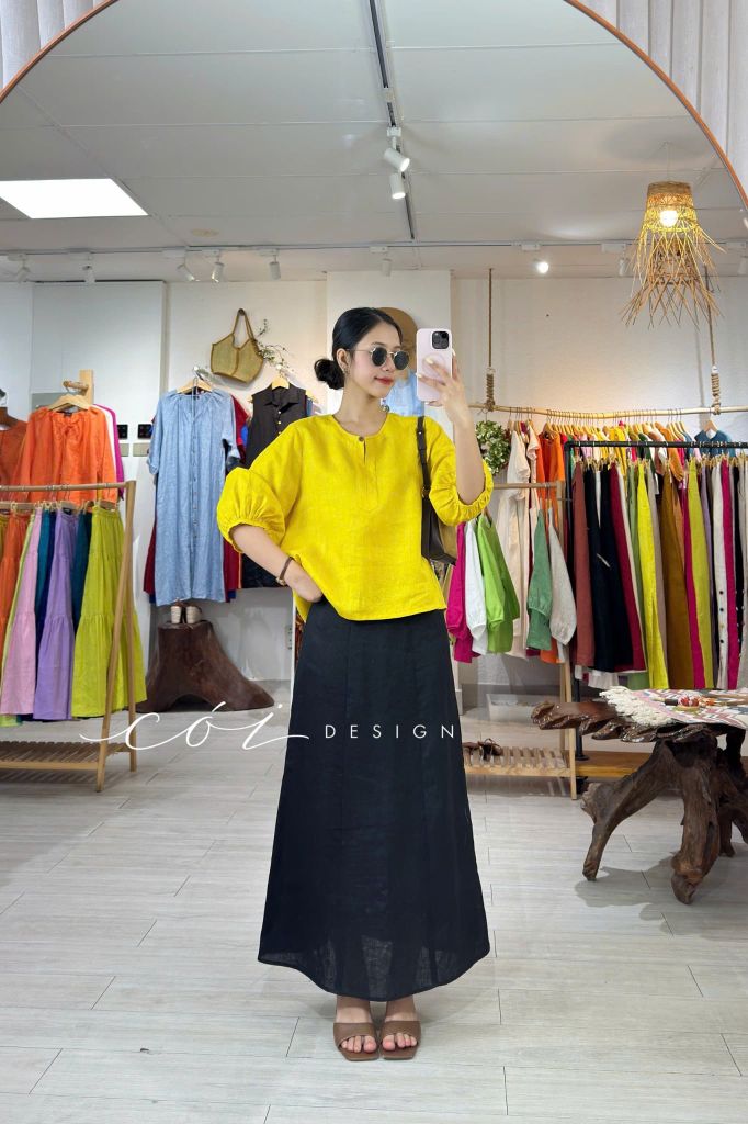 Áo cổ tròn tay nhún lồng đèn linen tưng premium Cói Design