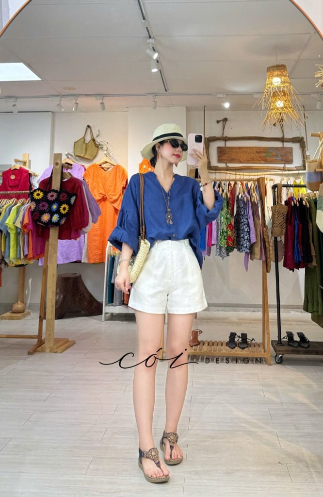 Áo cổ trụ tay nhún form oversize linen tưng premium Cói Design