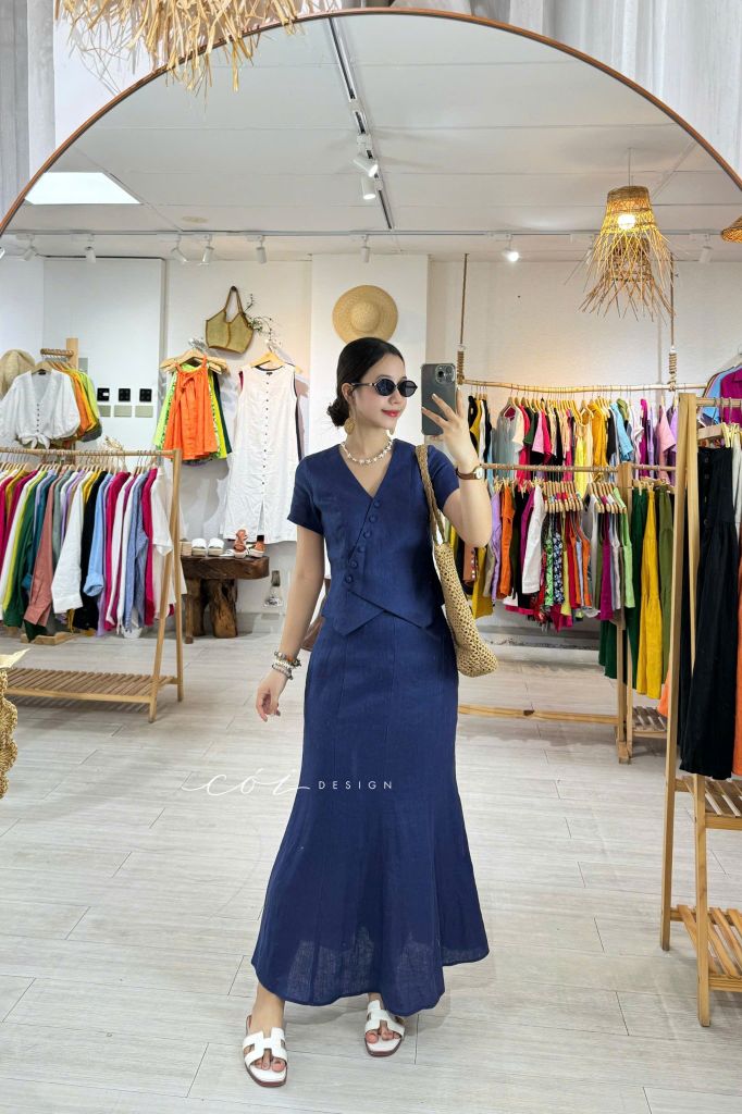 Áo gile xéo nút tay ngắn linen tưng premium Cói Design
