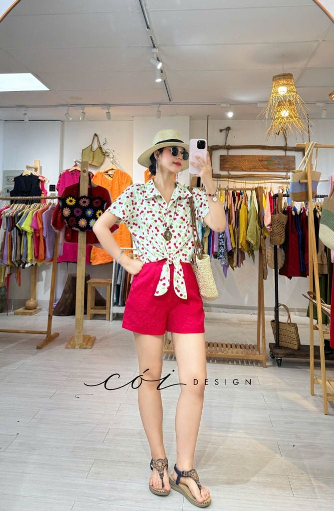 Áo tay ngắn thắt nơ linen Cói Design