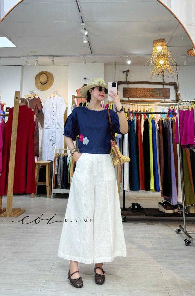 Áo thêu viền cổ phối hoa tua rua handmade linen tưng premium Cói Design