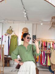 Áo cổ xẻ tròn tay phồng linen tưng premium Cói Design