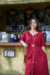 Đầm suông cổ tròn xếp nhún kèm belt linen tưng premium Cói Design