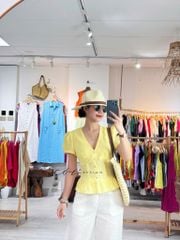 Áo cổ tim tay phồng nhún bèo linen tưng premium Cói Design