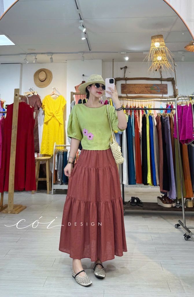 Áo thêu viền cổ phối hoa tua rua handmade linen tưng premium Cói Design