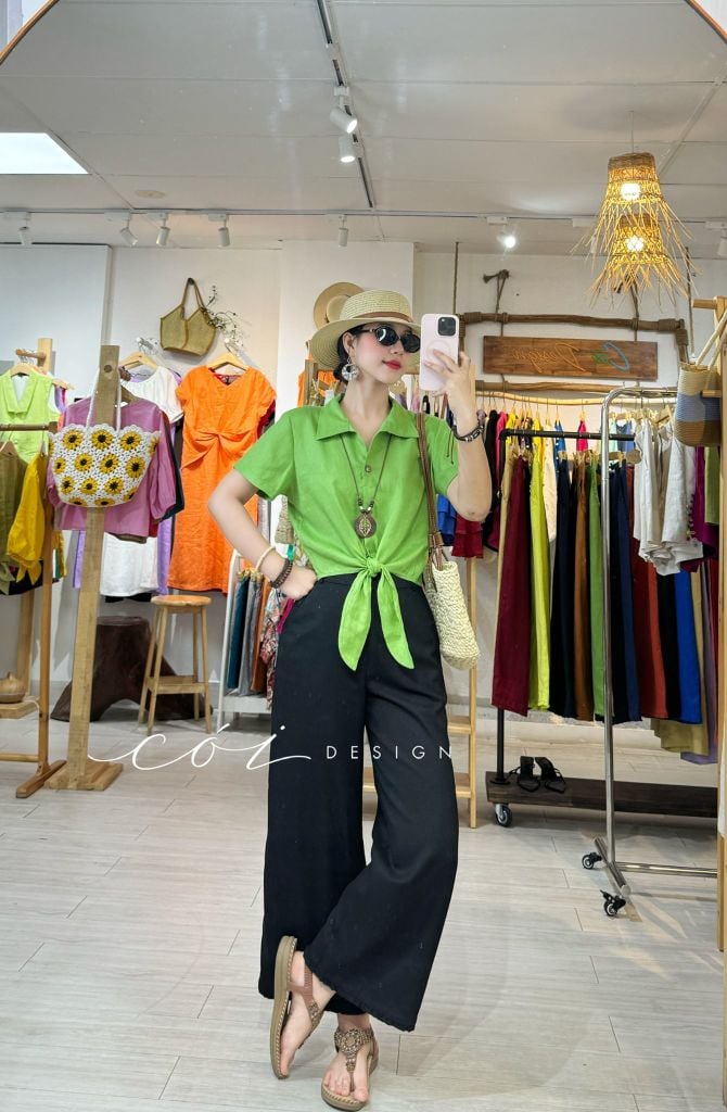 Quần suông phối bèo lai túi linen tưng premium Cói Design