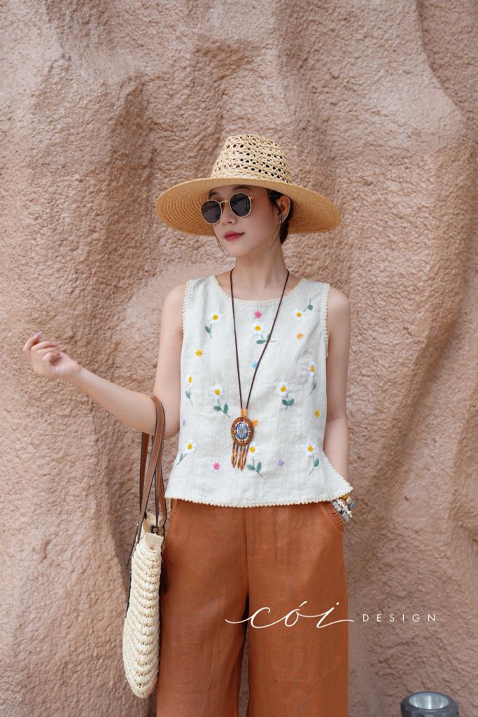 Áo sát nách thêu tay hoa rơi viền sò linen tưng premium Cói Design