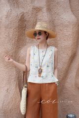 Áo sát nách thêu tay hoa rơi viền sò linen tưng premium Cói Design