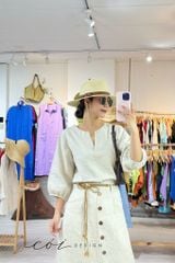 Áo cổ xẻ tròn tay phồng linen tưng premium Cói Design