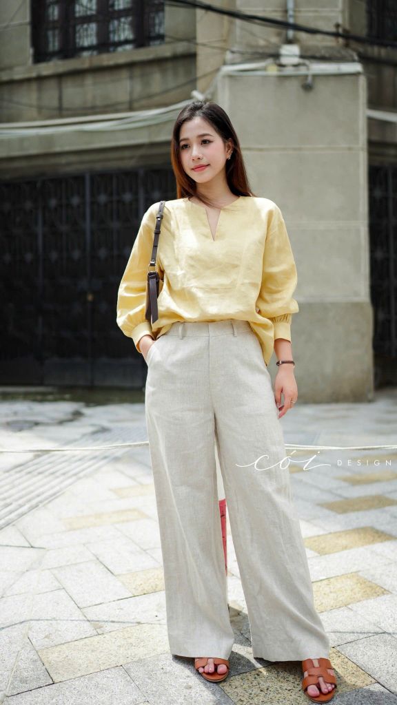 Áo cổ V tay manset linen tưng premium Cói Design