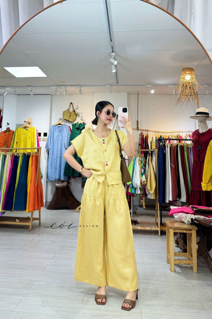Áo cổ tròn nút đôi nhiều màu linen tưng premium Cói Design