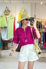 Áo cổ trụ tay ngắn nút bọc màu linen Tưng Cói Design