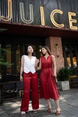 Đầm cổ xẻ sát nách nút dừa kèm belt linen tưng premium Cói Design