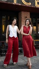 Đầm cổ xẻ sát nách nút dừa kèm belt linen tưng premium Cói Design